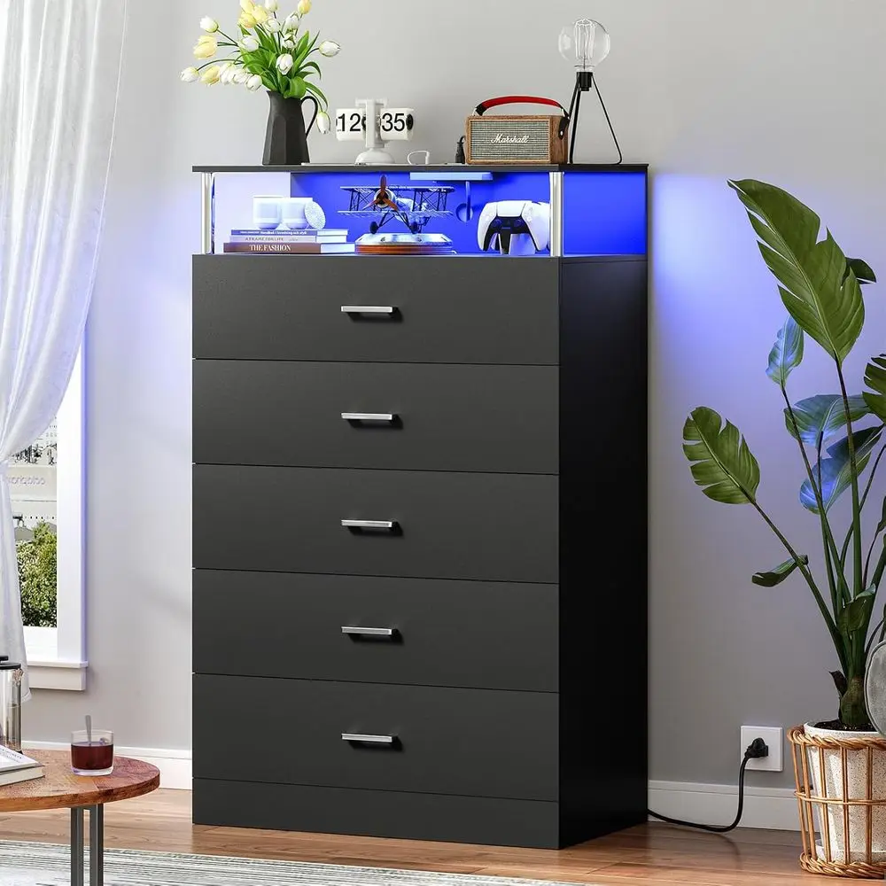 Modern Column-Inspired Charging Station Tall Dresser in Black for Bedroom