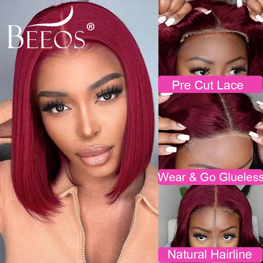 Glueless Wig 99J Burgundy Bob Wigs 5x5 Closure Wigs Human Hair Pre Cut Lace Short Bob Melt Skins Brazilian Virgin Hair For Women