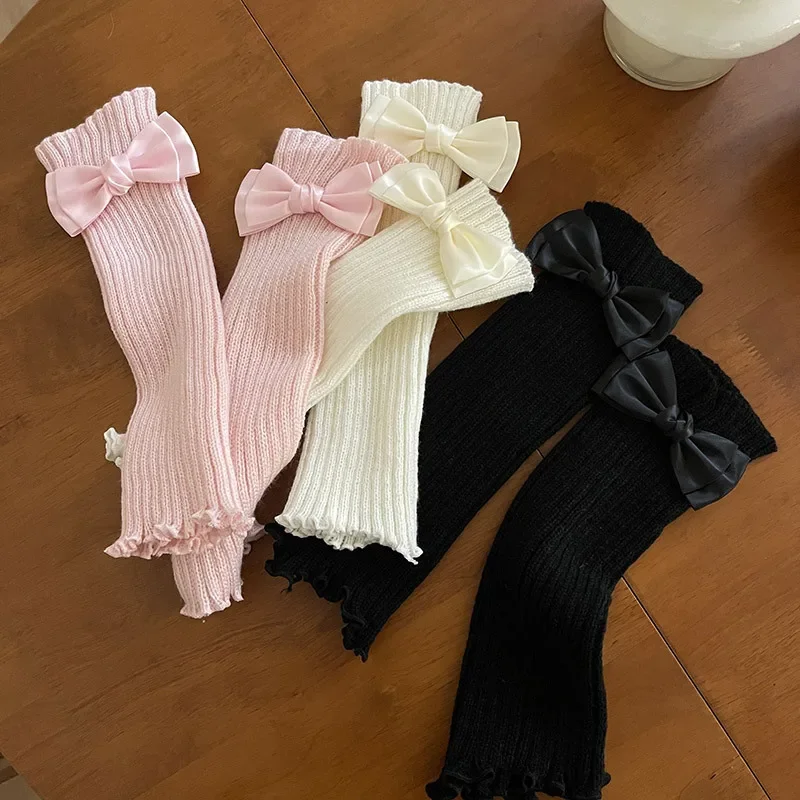 Women Knitted Bow Tie Fingerless Gloves Lolita Arm Sleeve Y2k Pink Girl Gothic Keep Wamrm Long Gloves Kawaii JK Accessories