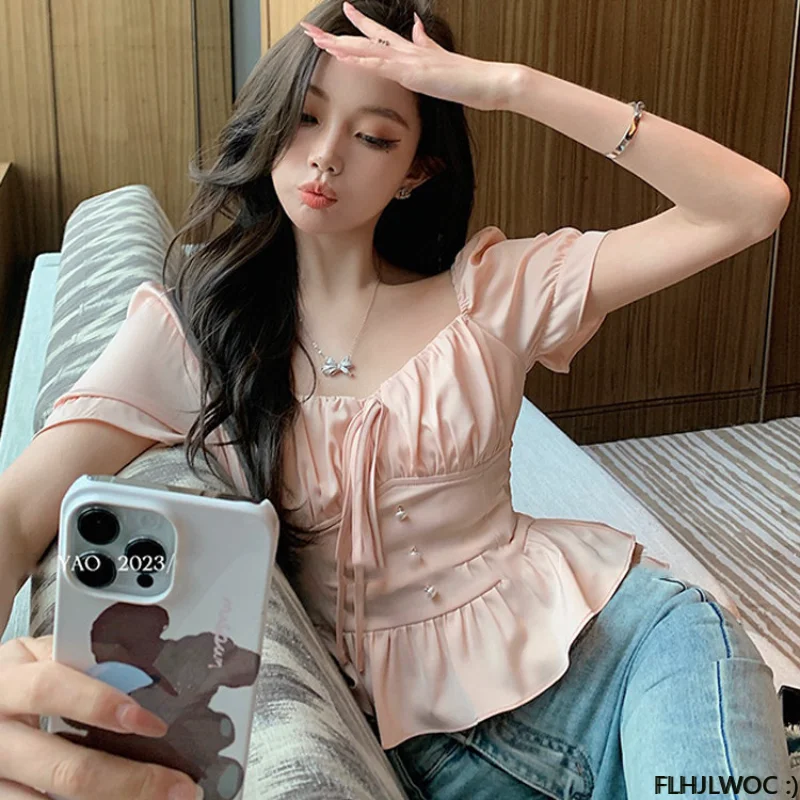 Chic Korea Off Shoulder Crop Tops Blusas Women 2023 Summer Solid Bow Tie Slim Waist A Line Belly Peplum Short Shirts Blouses