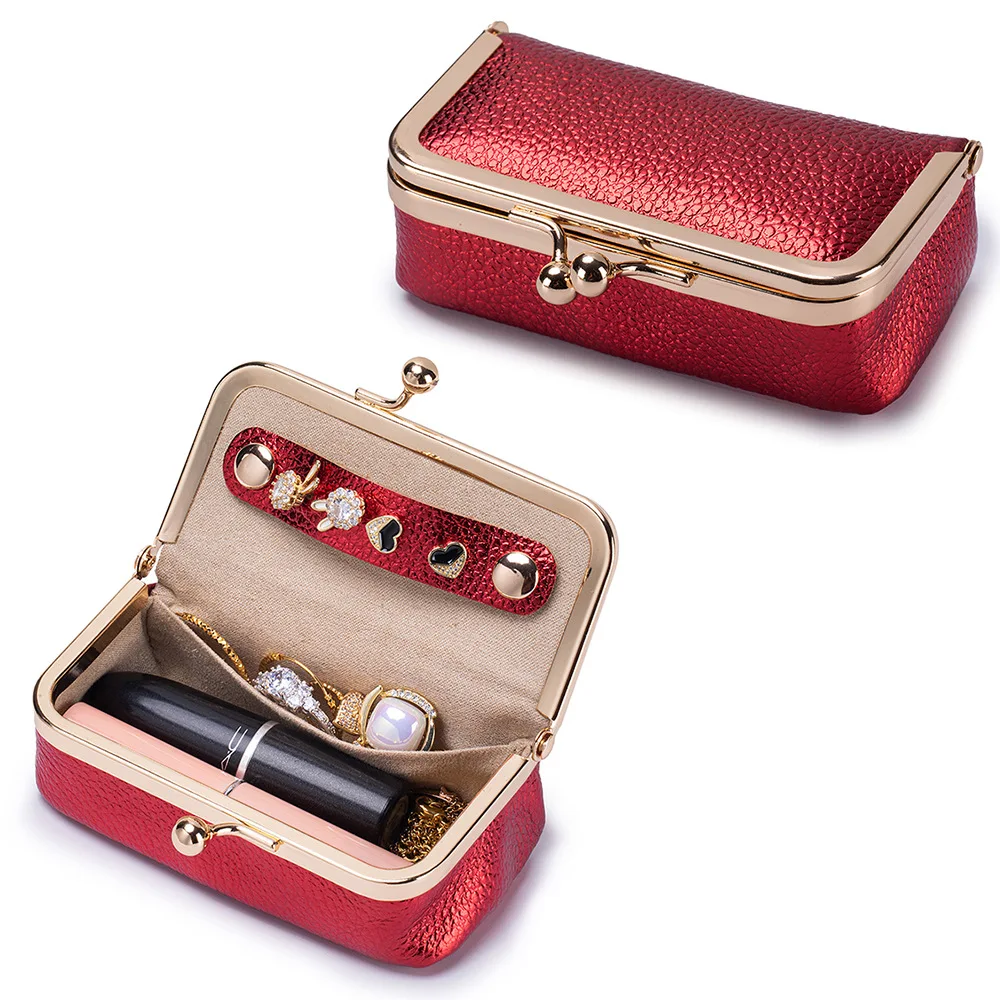 

Shiny Leather Travel Jewelry Organizer, Kiss-Lock Mini Jewelry Box with Ring & Earring Slots, Secure Storage Pouch for Necklaces