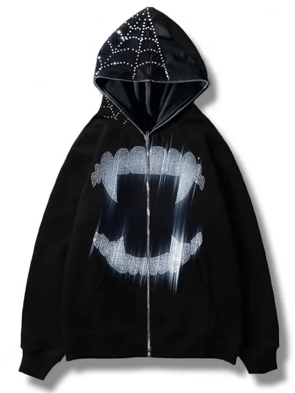 

Свободный худи-свитер с блестящими вставками, длинными рукавами, застежкой-молнией, в уличном стиле, стандартный крой, из химического волокна