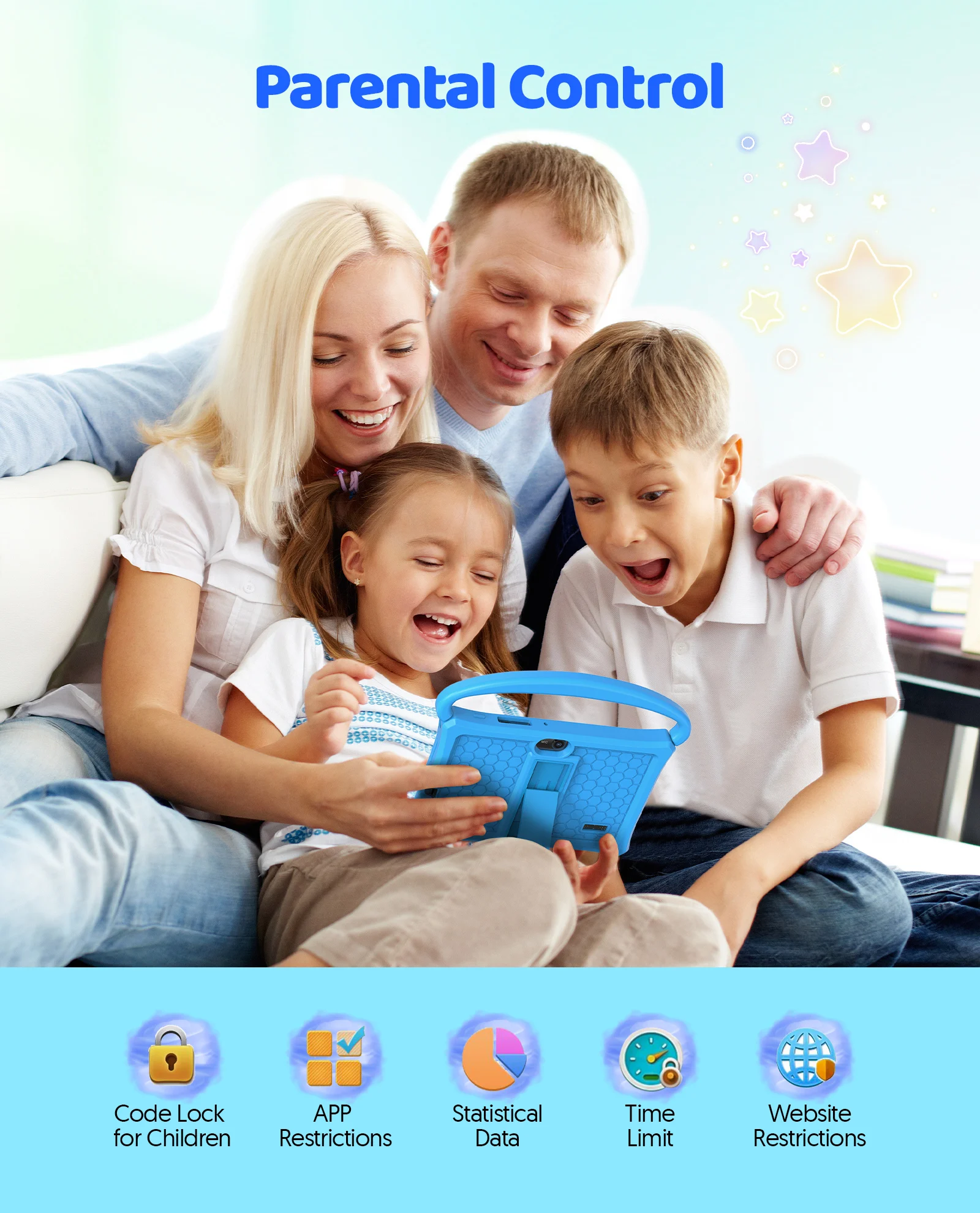 Tablet Android 13, tablet per bambini da 7 pollici, processore quad-core, 4 GB (espansione 2G-memoria) RAM+32 GB ROM, con contr parentale