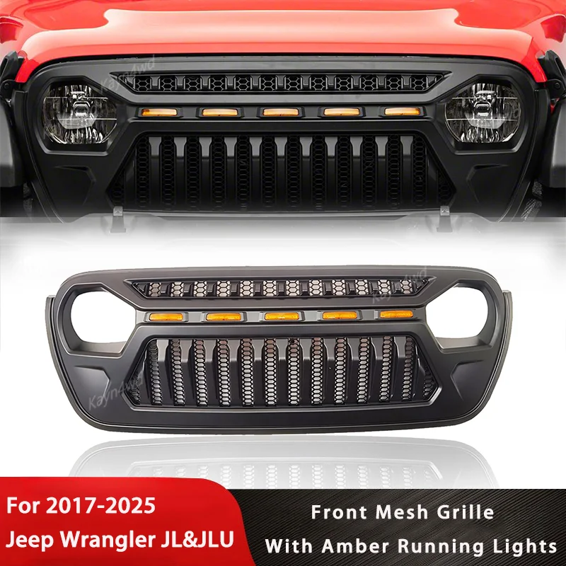 Off Road 4x4 Exterior Accessories Front Mesh Grille Racing Grills With Amber LED Lights For 2018-2024 Jeep Wrangler JL JLU JT