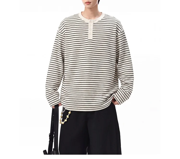 Herbst Neuheit: Henry-Kragen Gestreiftes Casual-T-Shirt mit Knöpfen, Übergröße, Locker Geschnitten, Langarm, Weiche Strick-Unterwäsche für Herren, Basisschicht-Oberteil – Detail 8