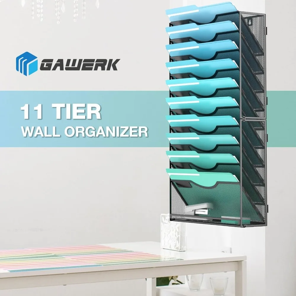 Organizador de arquivos de parede de 11 camadas com compartimentos de malha para escritório, escola e casa - preto