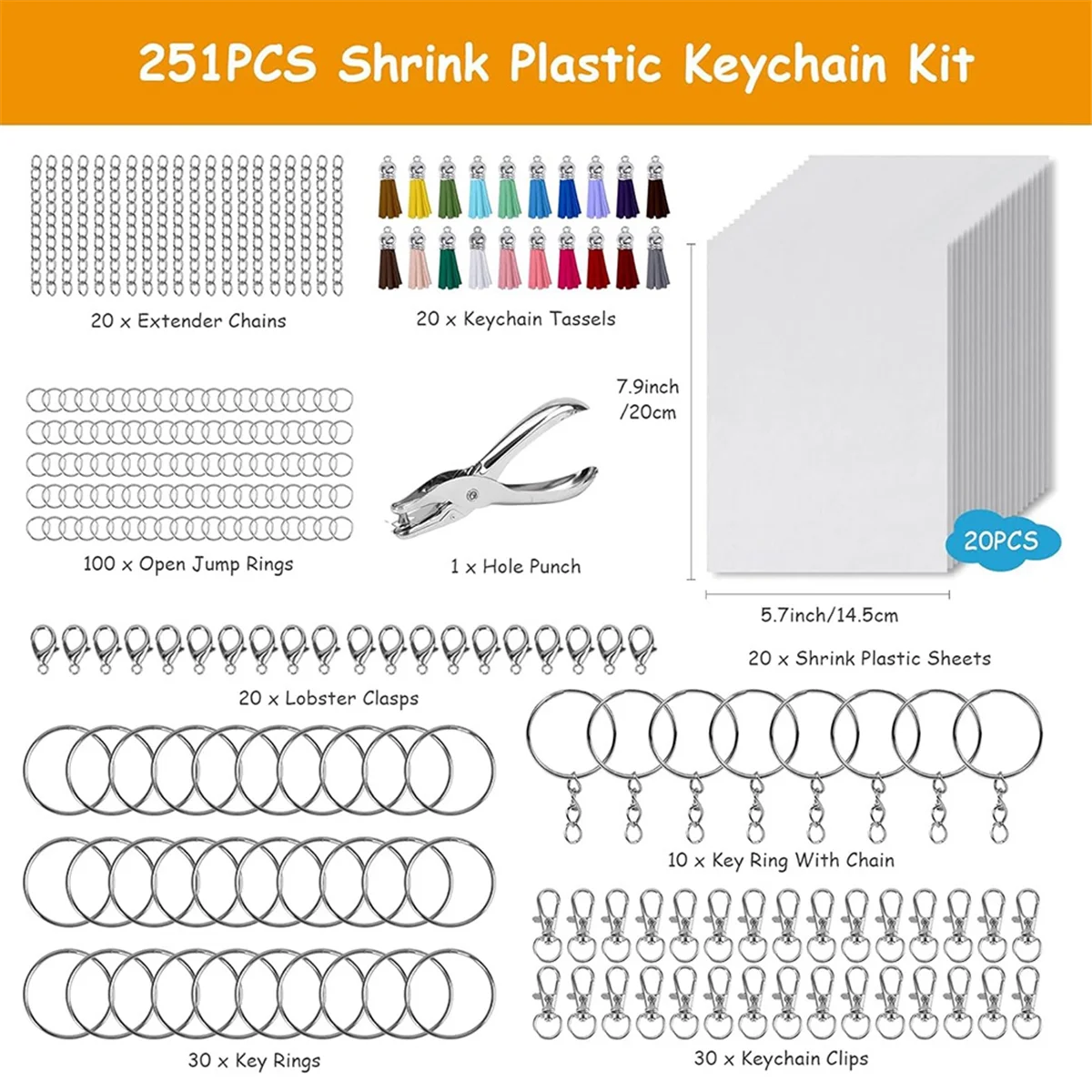 Y31A 251 PCS Shrink Dink Keychain Kit Includes 20 Sheets Shrink Plastic Sheets, Hole Punch, Tassels, Lobster Clasps, Keychain