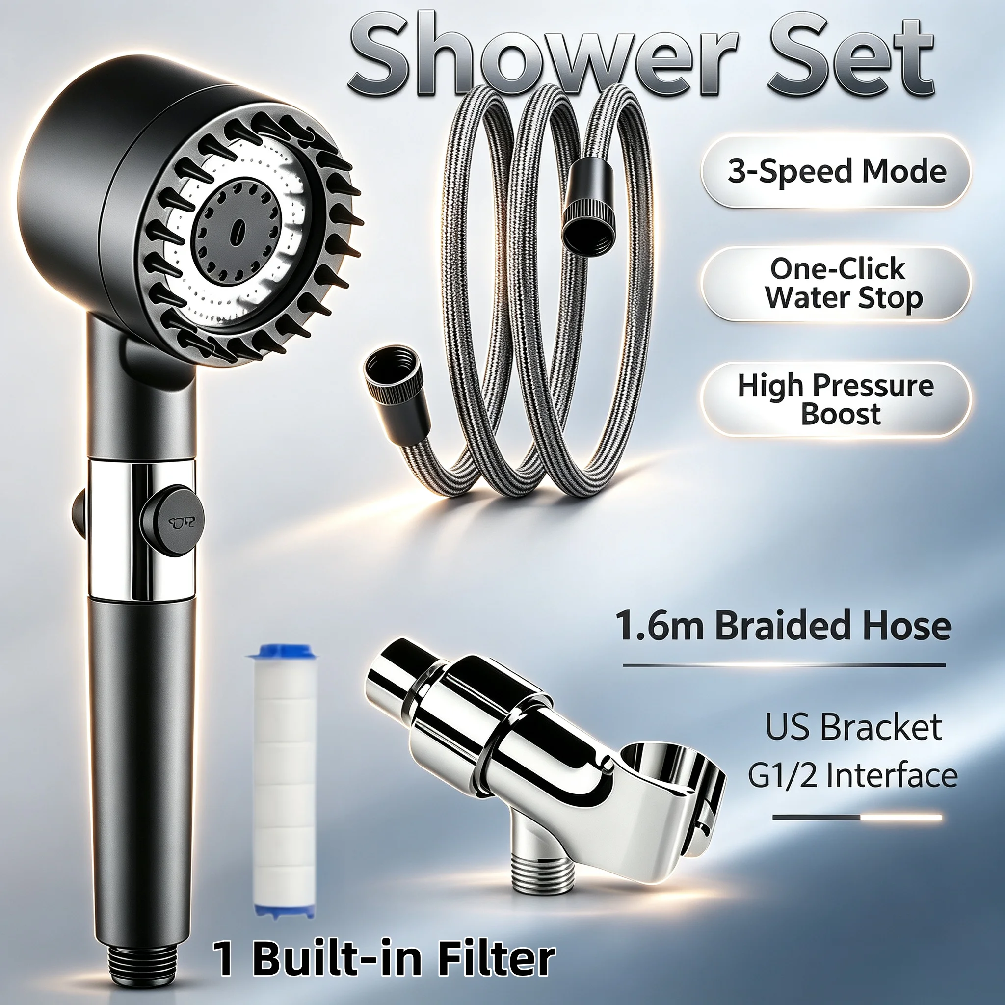 3 Colors Black/Gray/Black Purple Medium Shower Built-in Filter 3 Modes One Key Stop 62in Braided Hose Shower Bracket Shower Only