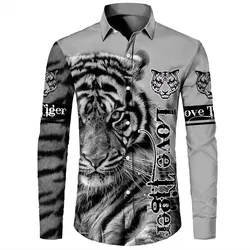 Tiger Printed Long Sleeved Shirt 3D Lion Printed Autumn Long Sleeved Men Street Clothing Outdoor Casual Fashion Long Sleeved Top