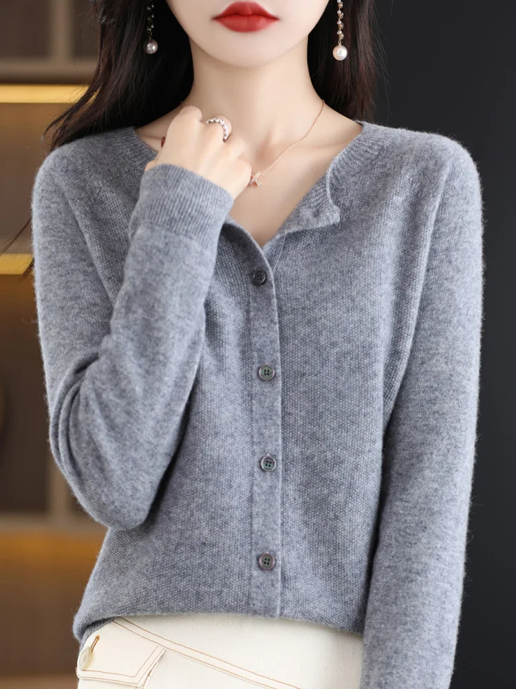 ADDONEE New Women\'s O-neck Cardigan Spring Autumn Long Sleeve Pure Color Sweater 100% Merino Wool Knitwear Soft Comfort Clothes