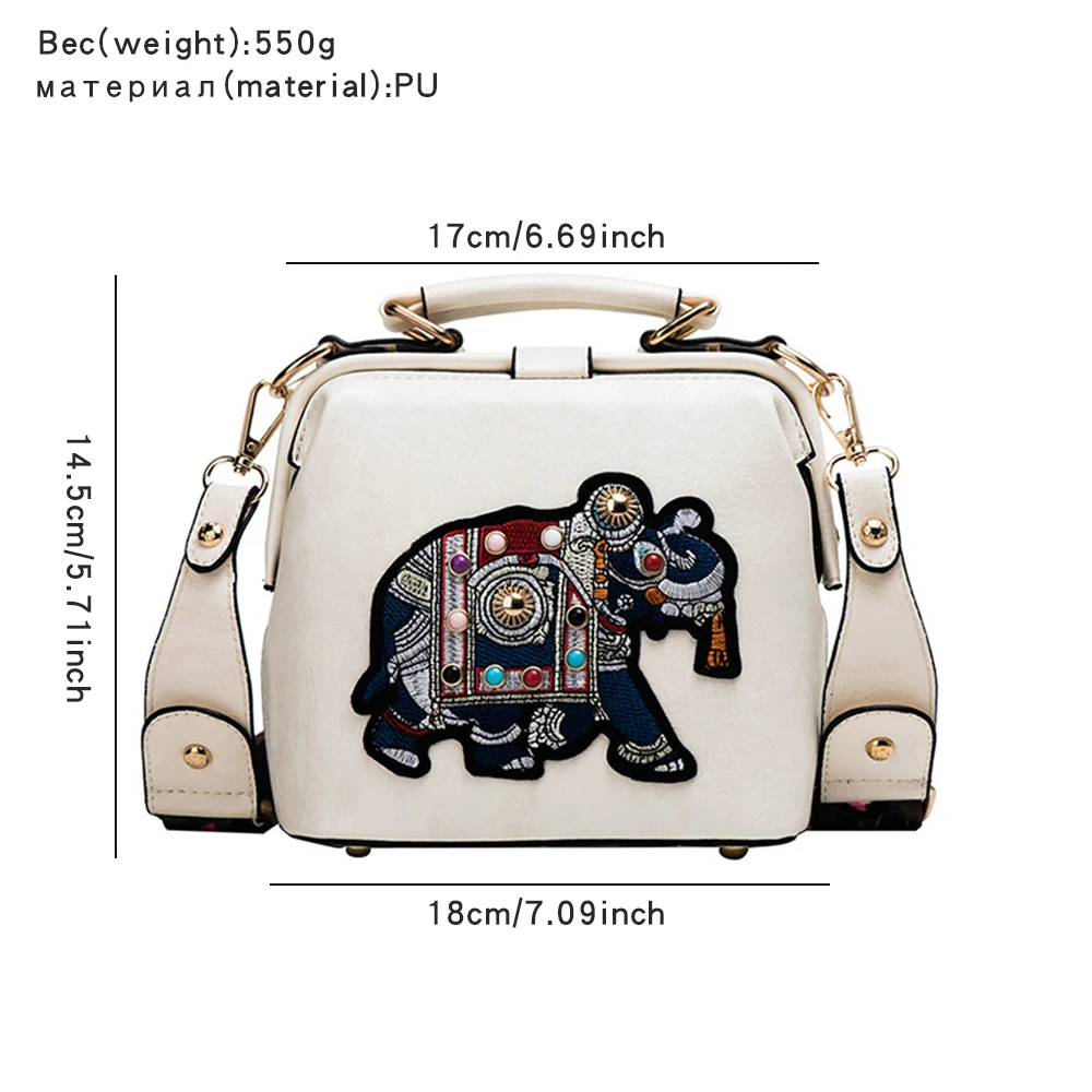 Hot Vintage Embroidered Elephant Bag Women\'s PU Leather Wide Handle One Shoulder Crossbody Women\'s Handbag Christmas Gift