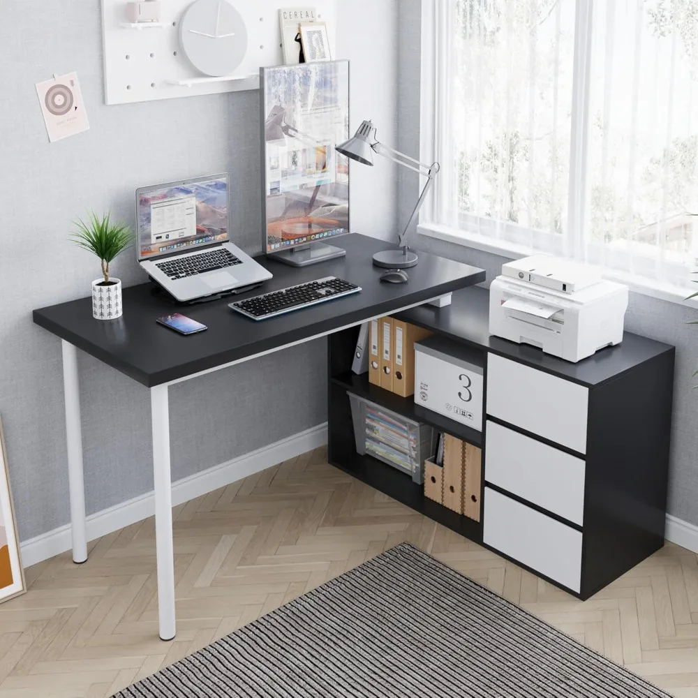

Home office computer desk corner table with 3 white drawers and 2 shelves, 53 inch L-shaped study desk with storage space