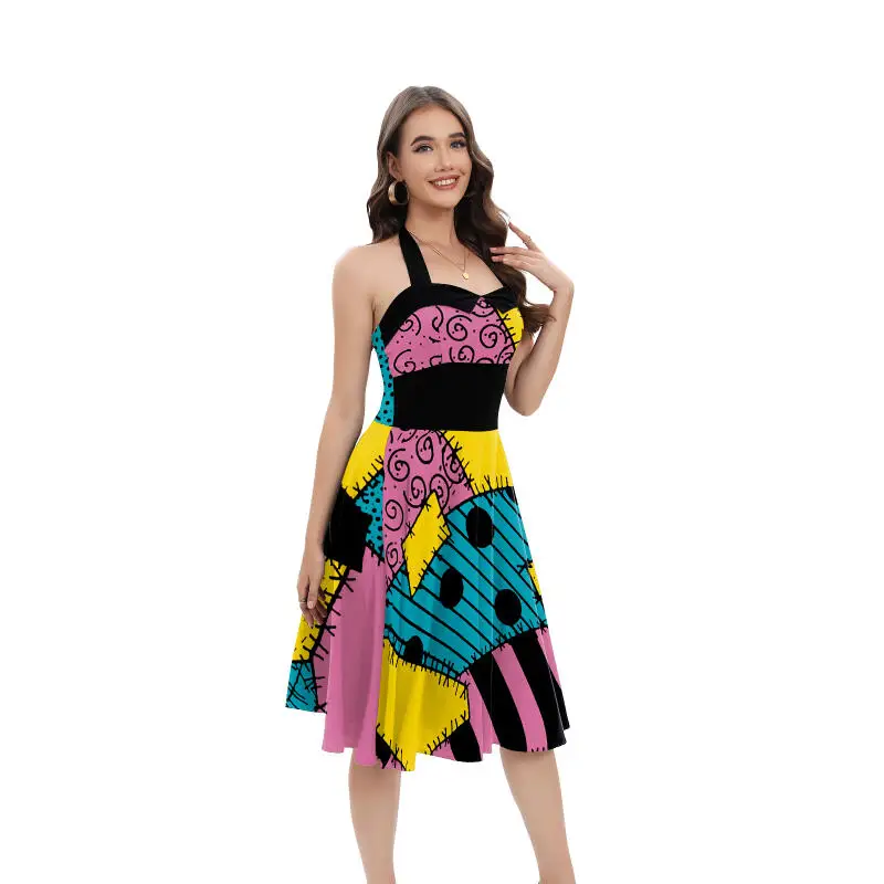 Halloween Sally Kostüm für Damen, Neckholder-Kleid mit Rückenband, A-Linien-Schwingkleid, Patch-Print, Retro-Kleid, Ausgefallene Karnevalsparty-Outfits – Detail 7