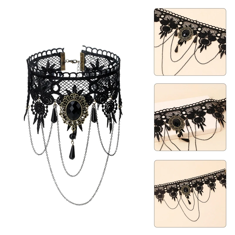 Gothic Victorian Rhinestones Pendant Tattoo Choker Necklace Chain Lace Choker Collar Vintage Womens Wedding Jewelry