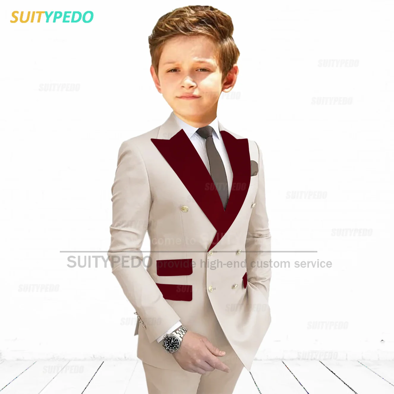 Burgundy Peaked Lapel Boy\'s Suit Set Children Prom Formal Blazer Pants Two Pieces Wedding Flower Kid Slim Fit Tuxedo Outfits