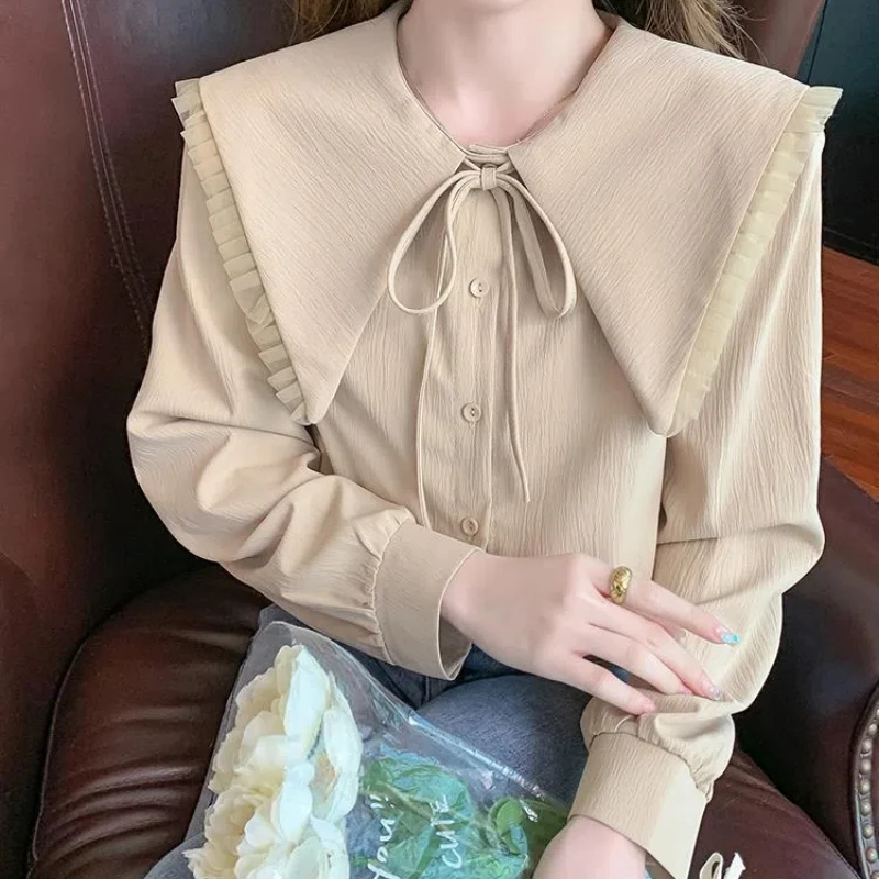 Spring And Autumn Doll Collar Simplicity Refreshing Long Sleeve Shirt Fashion Lacing Bow Single-breasted Sweet Cute Shirt Tops