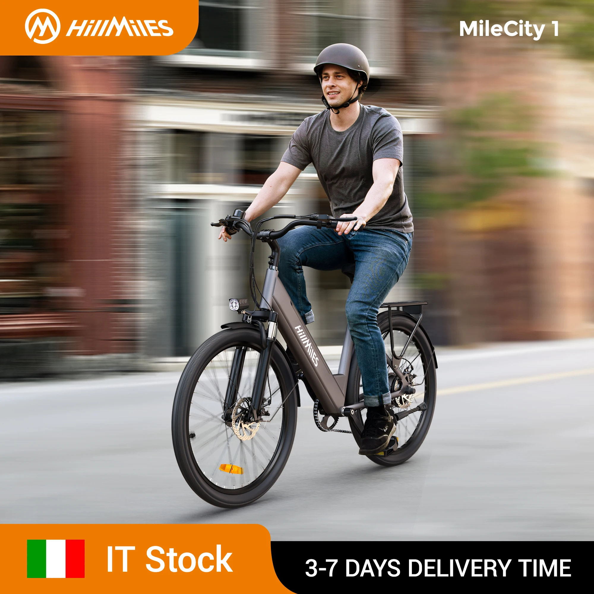 HillMiles MileCity 1 26" Vélo Électrique à Cadre Bas, Autonomie de 120 km, Moteur de 250W, Batterie 36V 13Ah, Vitesse Max 25 km/h, 7 Vitesses, Freins à Disque, E-bike pour la ville, Expédié d'Italie