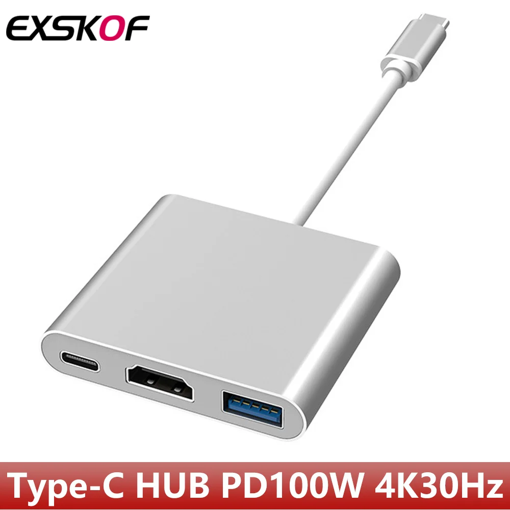 

3-in-1 USB C Hub Type-C with 100W PD Charging 4K HD TV (30Hz) USB 3.0 Port Compact Adapter for MacBook Laptop Tablet Phone