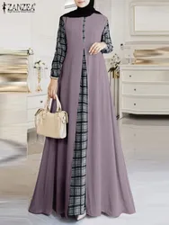 ZANZEA-manga comprida xadrez vestido muçulmano verificado para as Mulheres, Moda Abaya, Patchwork Sundress, Hijab Feminino, Vestuário Islã