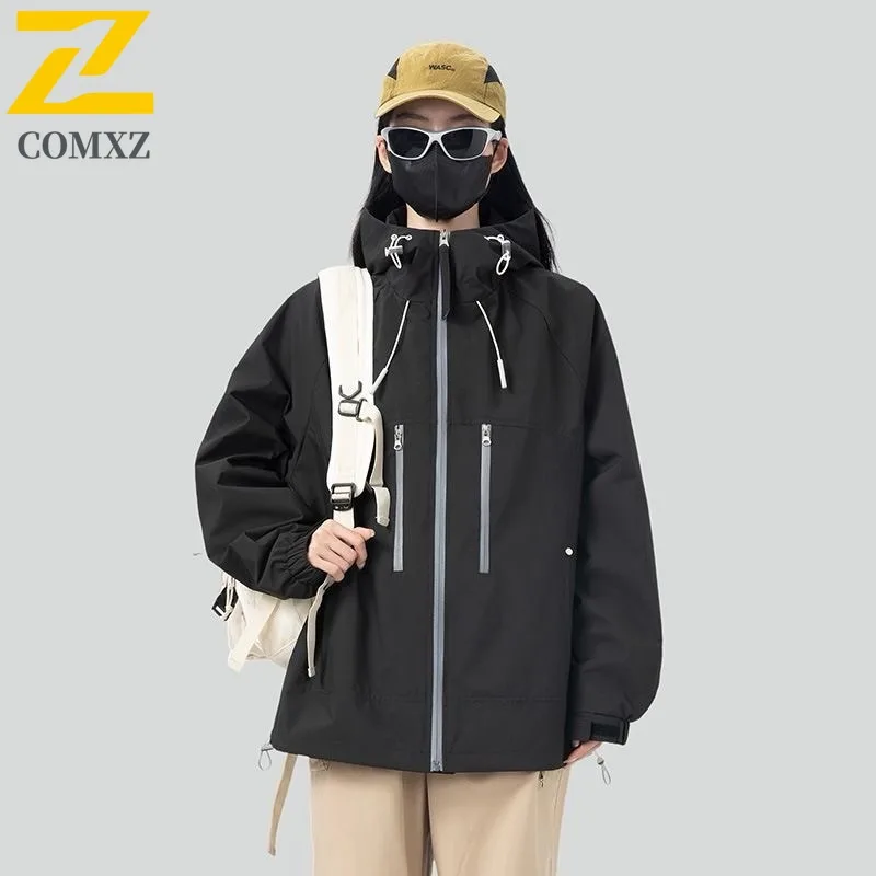 

COMXZ 2025 для мужчин и женщин, водонепроницаемая куртка с капюшоном для пар, осень-зима, модное повседневное легкое пальто премиум-класса на молнии