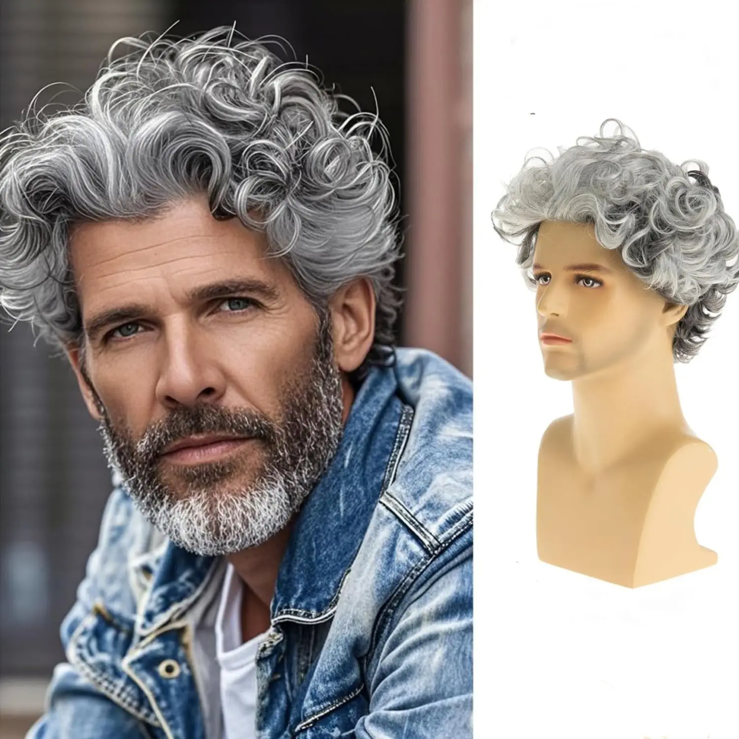 

Мужской короткий вьющийся серый парик, короткий волнистый многослойный парик для косплея, серый смешанный белый синтетический парик