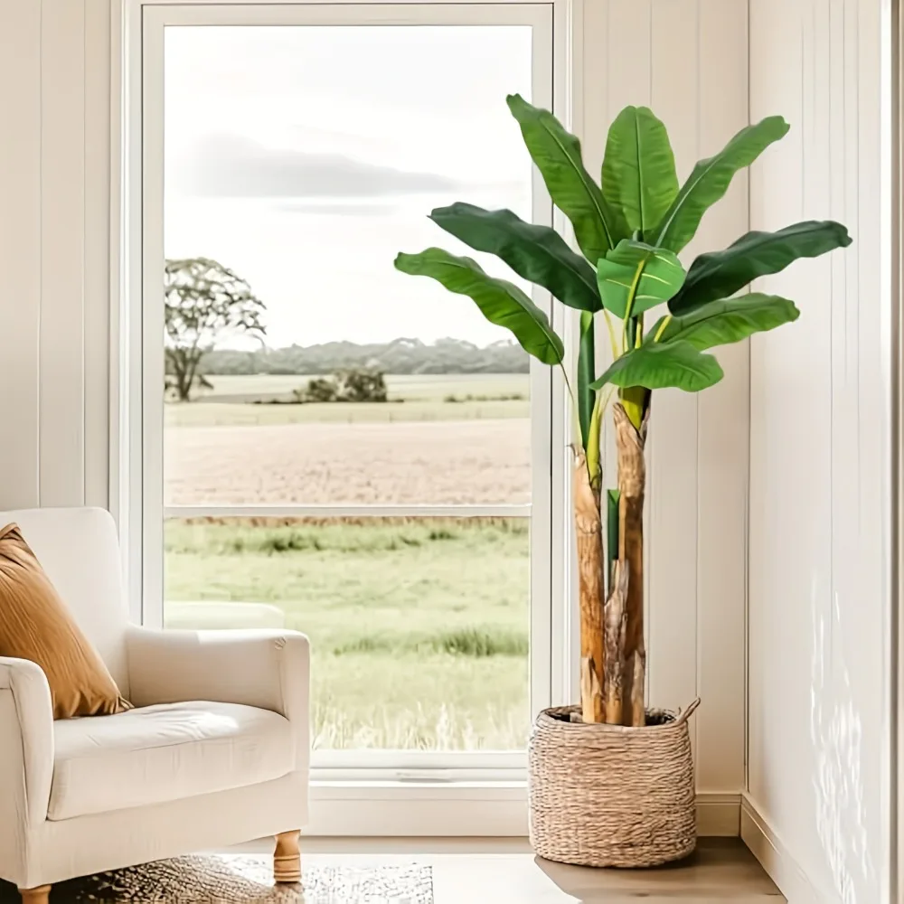 

Artificial Banana Tree, Faux Banana Tree with Grey Planter, Artificial Plants with 21 Faux Banana Leaves Plant for Home Office Decor