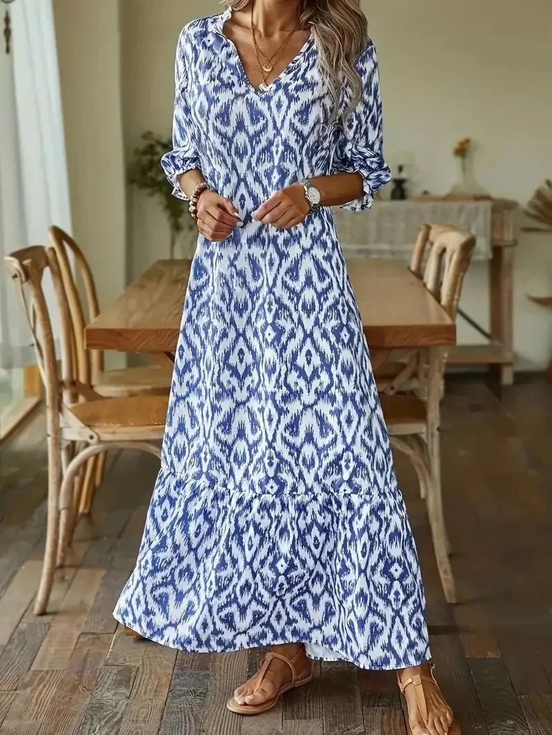 Vestido largo de manga media con estampado de cuello en V, moda europea y americana de otoño e invierno, 2024