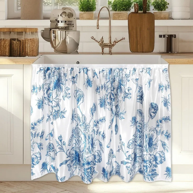 VIKAMA Wiooffen Cabinet Curtain Sink Skirt For Bathroom Kitchen Table Under Farmhouse Country Decor Blue Flowers