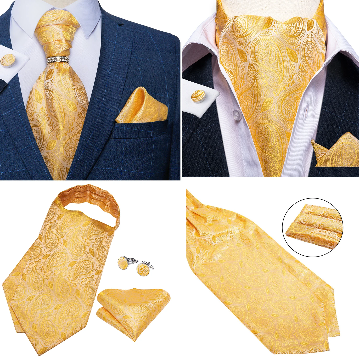 Luxury Men Green Blue Paisley Ascot Tie Set Solid Necktie Ring Wedding Party Cravat Purple Ties Pocket Sqaure Cufflink Free Ship
