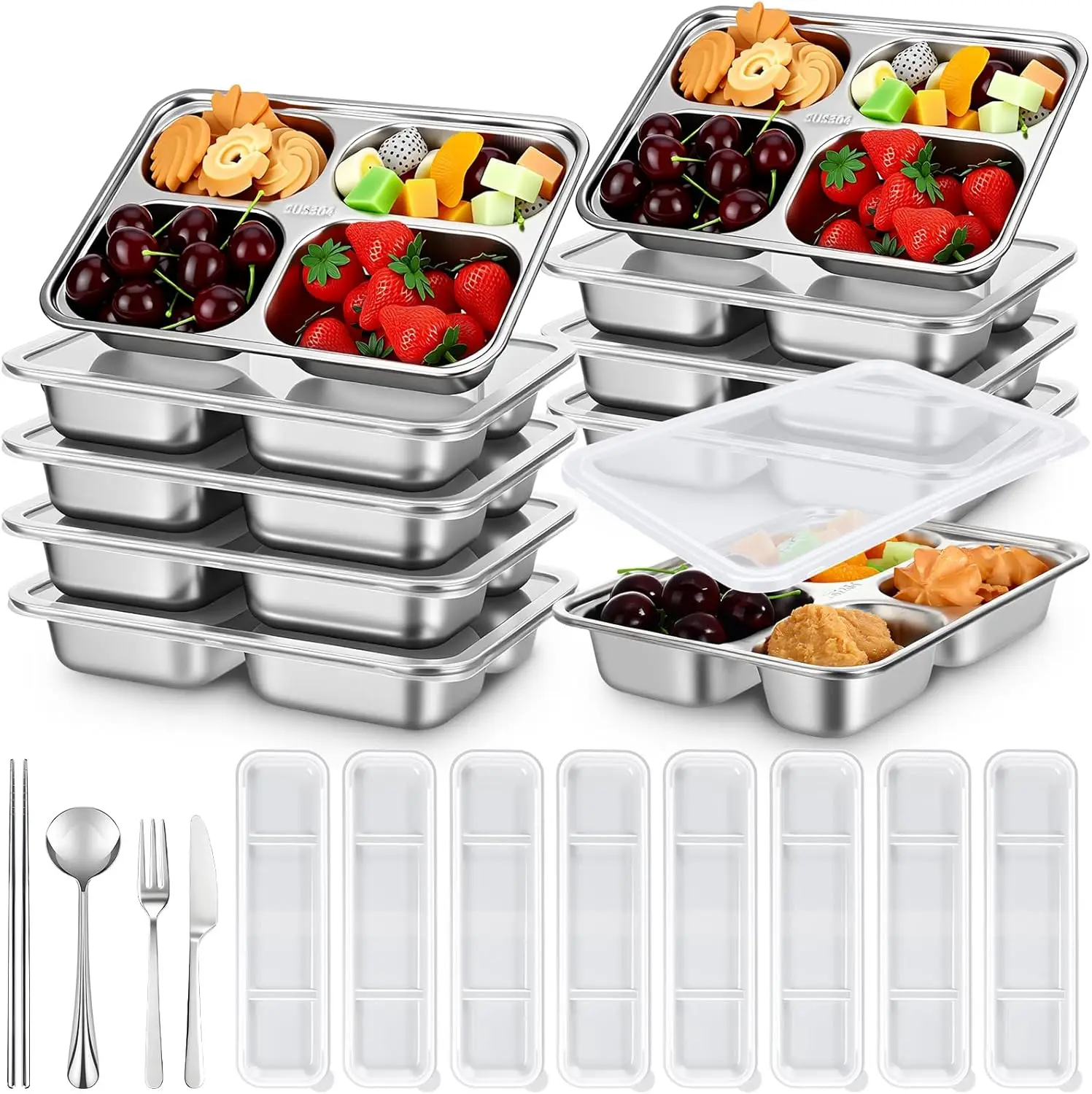 

8-Pack Stainless Steel Bento Boxes with Lids and Cutlery Set for Travel, Home Use