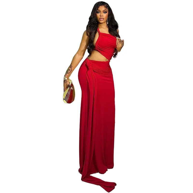 

Women's One-Shoulder Strapless Slash Neck Sleeveless Asymmetrical Tops & Hips Wrapped Long Skirt Ribbons Decoration, 2pcs Set