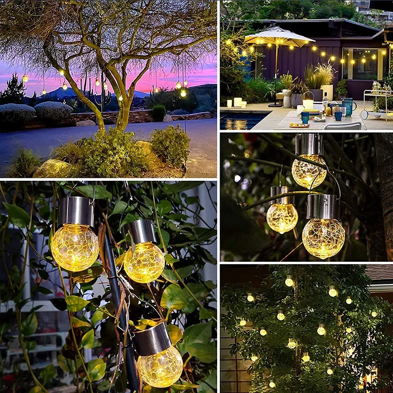 Lámpara Solar LED para jardín, candelabro de bola de grietas de vidrio, luz de jardín de Navidad para césped, linterna de árbol al aire libre, decoración de luces colgantes