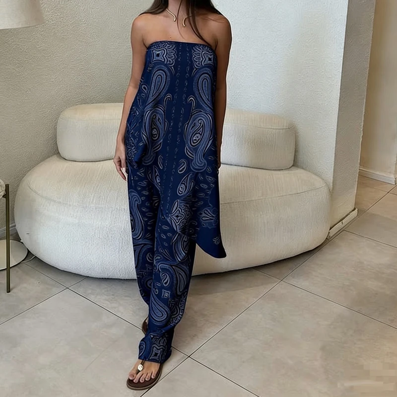 

Summer Hawaii Casual Vacation Two Piece Sets Elegant Women Simple Set Fashion Tube Top Pattern Printed Irregular Tops&Pants Sets