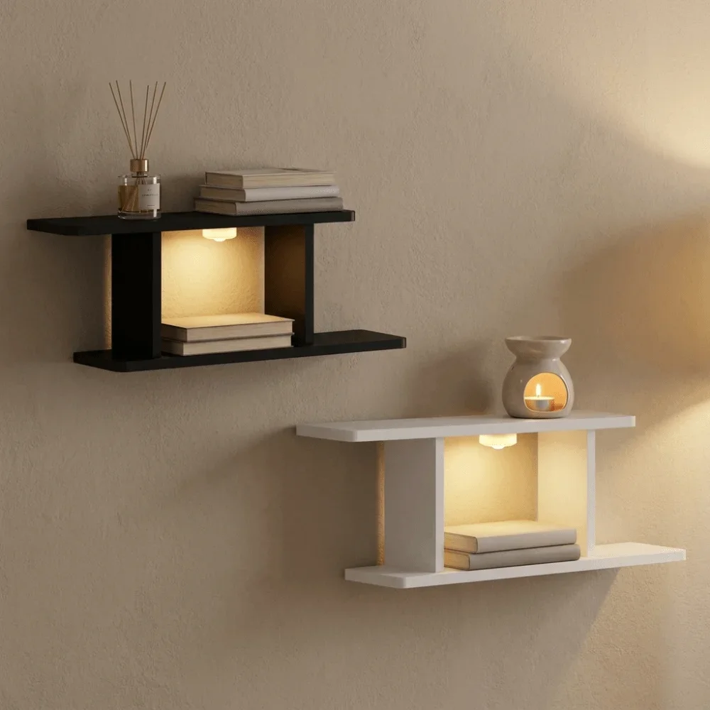 Wall Mounted Floating Shelves with LED Light Decorative Wall Storage Shelf for Bedroom Living Room Display Rack