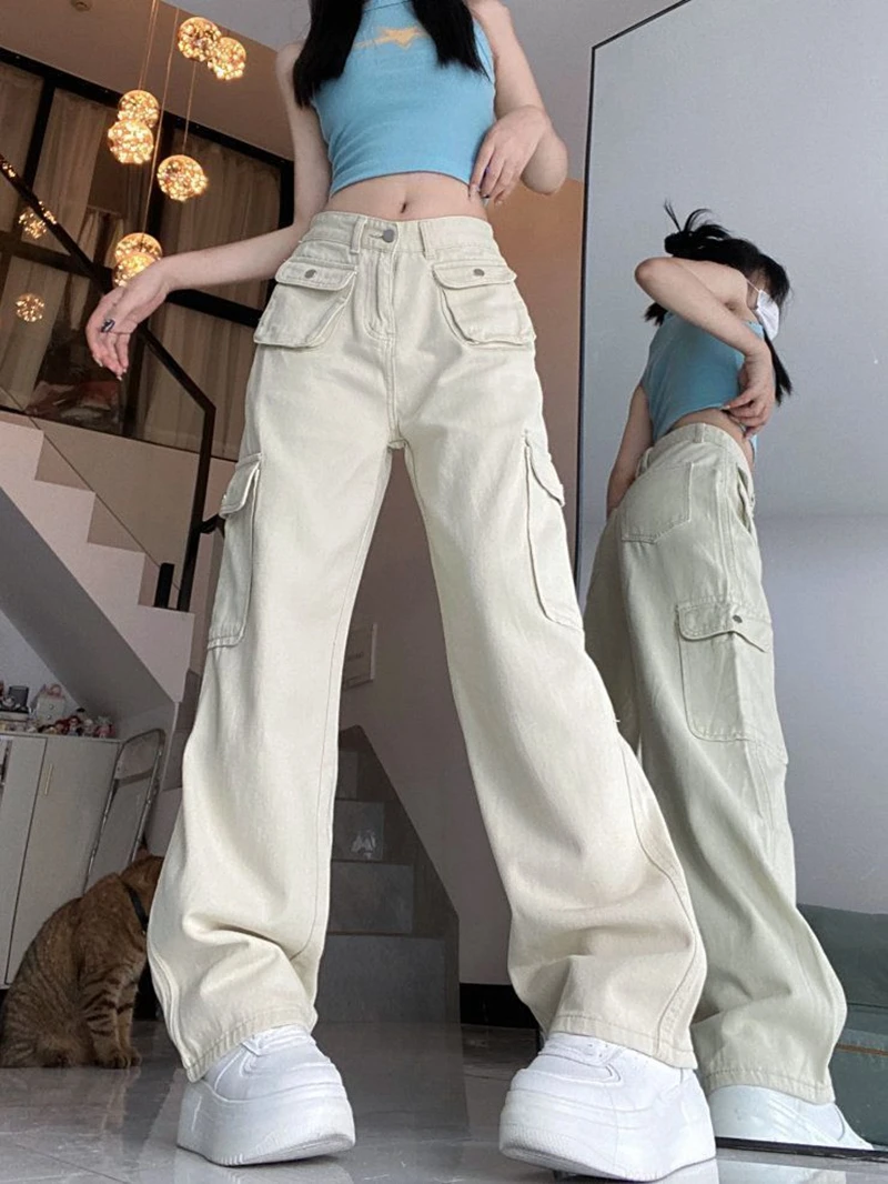 Dames witte zak cargo baggy jeans Y2K Japanse harajuku mode hoge taille jaren 2000 losse wijde pijpen retro broek jeans kleding