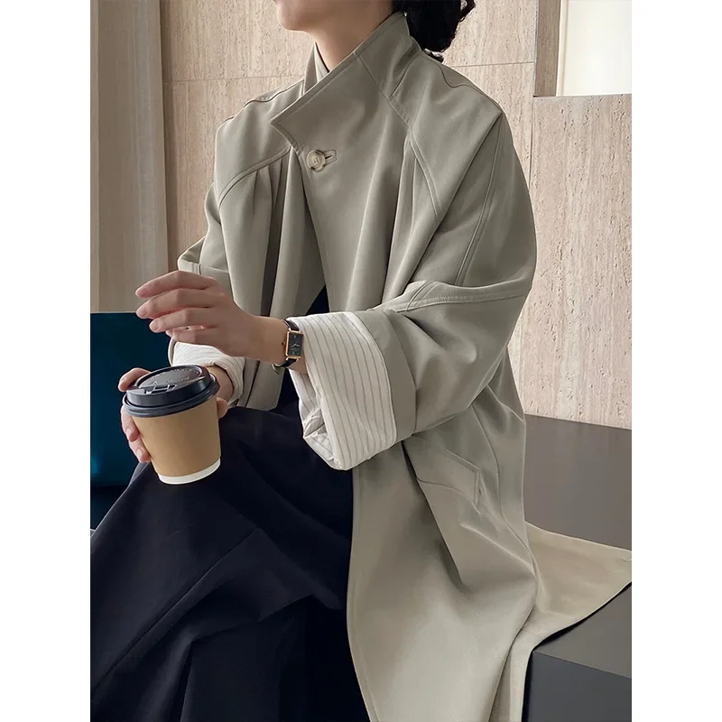 SuperAen Korean Style Vintage Solid Color Stand Collar Single Button Long Coat Autumn New Elegant Loose Waist Trench Coat