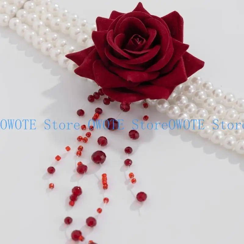 

652F Elegant Pearls Necklace Rose Bracelet Statement Necklace Party Jewelry Wedding Accessory Tassels Neckpiece for Daily