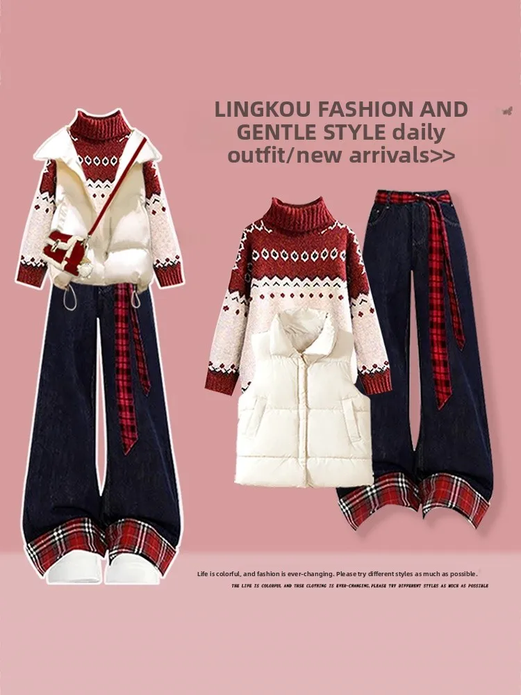 

Зимний вязаный свитер и джинсовый комплект из двух предметов для женщин: корейский стиль, красный жилет, повседневный модный комплект с длинными рукавами