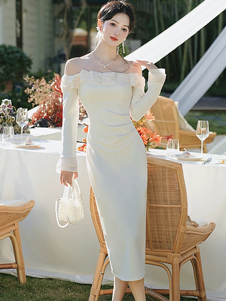 Women Red Patchwork Slash Neck Sexy Dress with Long Sleeve Autumn Winter Elegant Bodycon Dress 2025 Korean Fashion Casual Dress