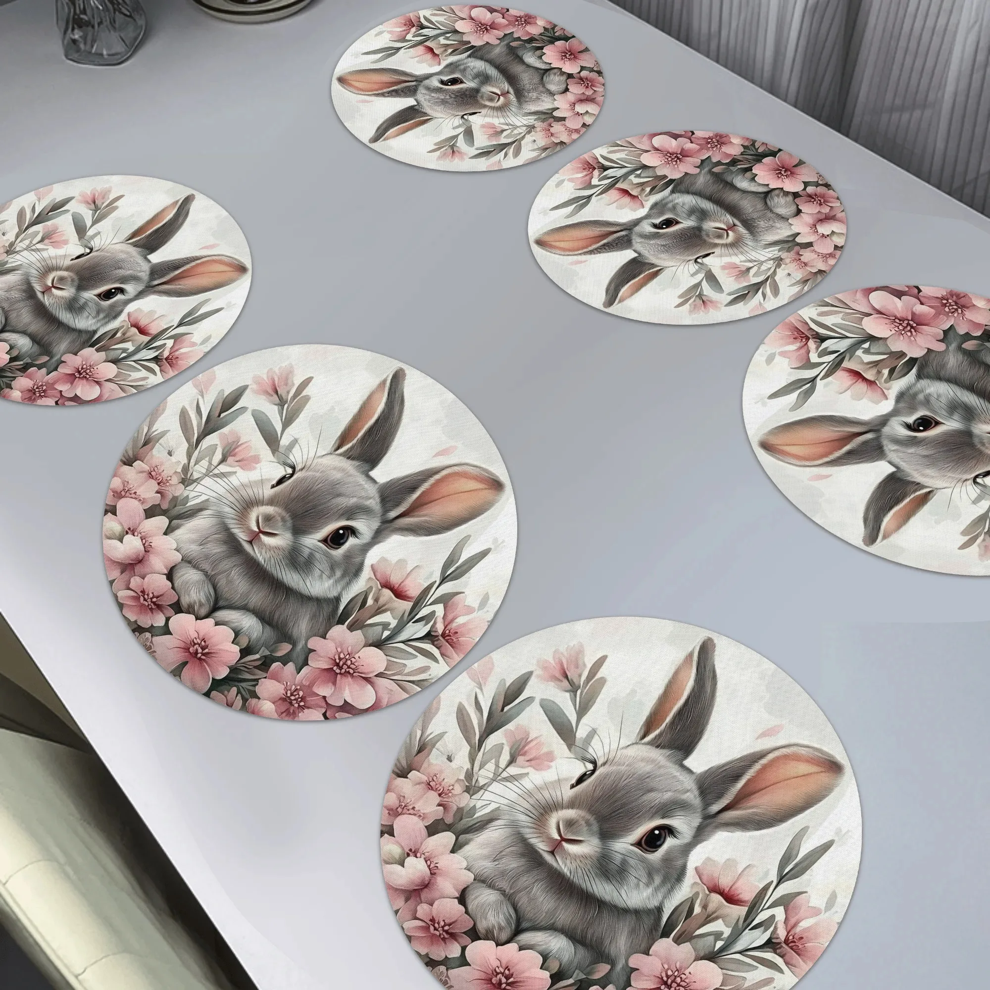 VIKAMA 4/6/8/10PCS Easter Rabbit Flower Round Meal Mat Anti slip Spring Daily Kitchen Restaurant Meal Mat Table Decoration