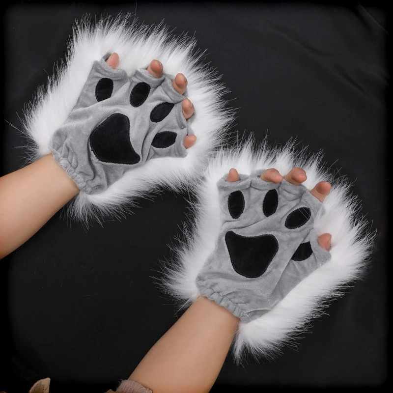 

Handmade Plush Cat Paw Gloves Half Finger Lolita Nekomini Cosplay Accessories Cute Kawaii Wearable Claws For Live Streaming