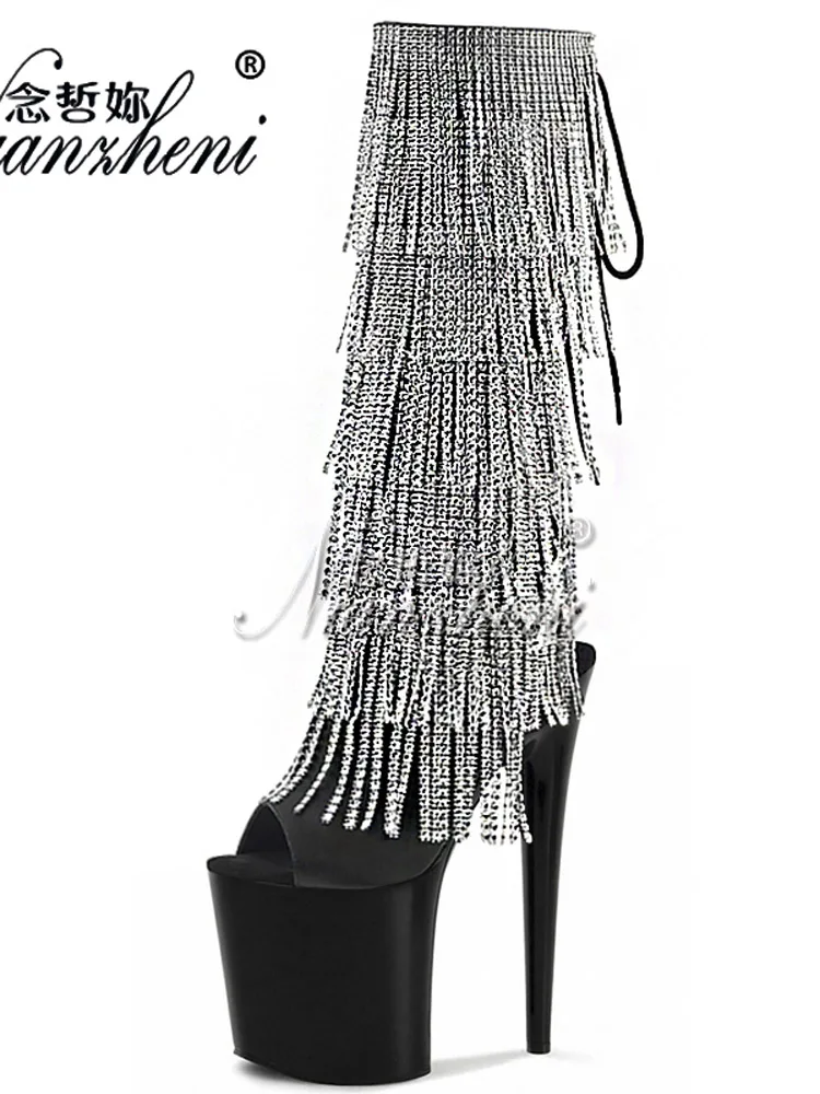 Strass con frange stivali al ginocchio da 6 pollici piattaforma discoteca abito completo scarpe Fetish Sexy tacchi spogliarellista modelli mostra elegante Peep Toe