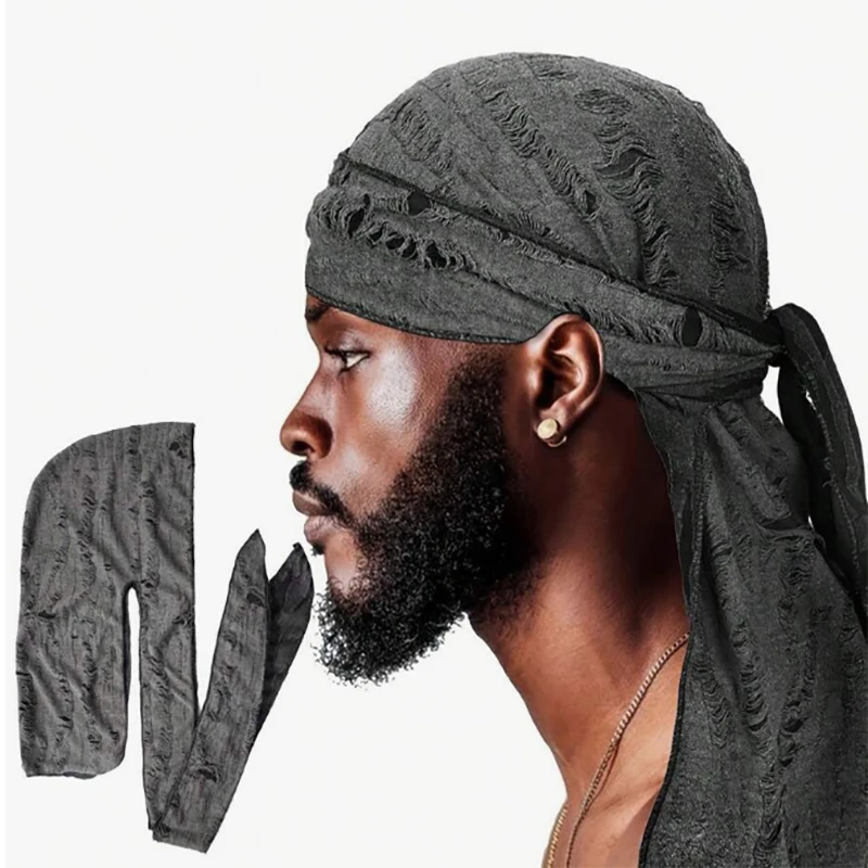 New Vintage hole Cotton Durag Headband Unisex Hip Hop Bandana Long Tail Pirate Cap for Men Trendy Head Wraps Cycling Head Scarf