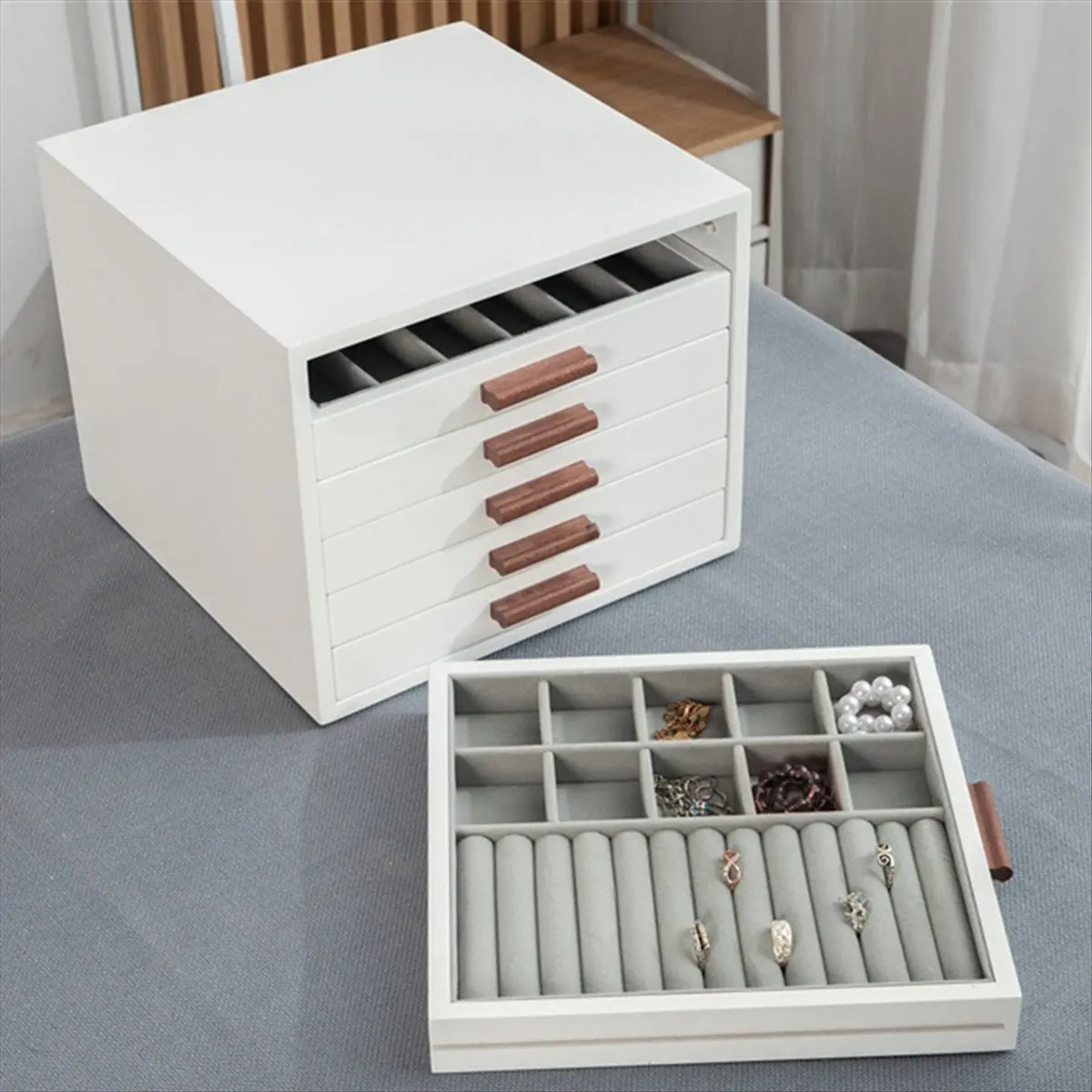 【Hoho】Multi Layer Jewelry Box for Jewelry Makeups Gifts Trinkets Organizer, Minimalist Storage Box, Wooden Jewelry Box