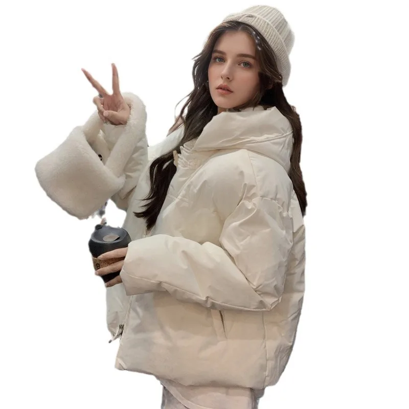 YJKDYK 2024 New Winter Women\'s Cotton Jacket Female Pure Color Hooded Thicken Warm Short Coats Women Horn Button Parkas Coats