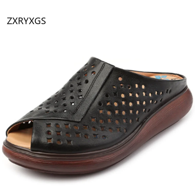 ZXRYXGS 2025 جديد الصيف الجوف قسط جلد طبيعي فم السمكة النعال أسافين مسطحة كبيرة الحجم الصنادل النساء خارج النعال
