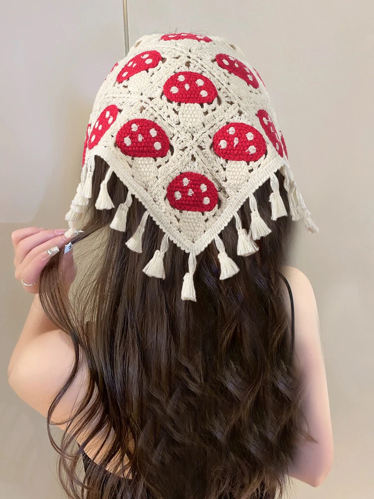 

AWAYTR Manual Mushroom Headband Hair Scarf Bands for Women Party Headwear Knitted Bandana Turban Hairband Headpiece