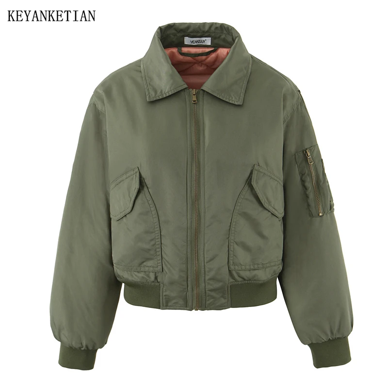 

KEYANKETIAN 2026, весеннее новое женское повседневное пальто с отложным воротником на молнии в стиле ретро, свободная куртка с хлопковой подкладкой, топ