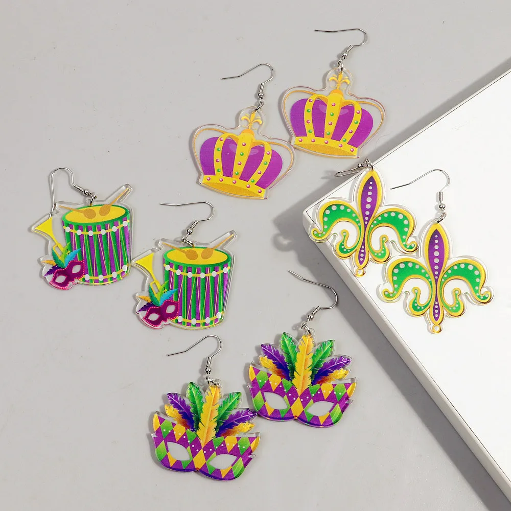 New Creative MARDI GRAS Avocado Acrylic Print Earrings for Women Funny Carnival Feather Mask Drop Earring Party Jewelry Gifts