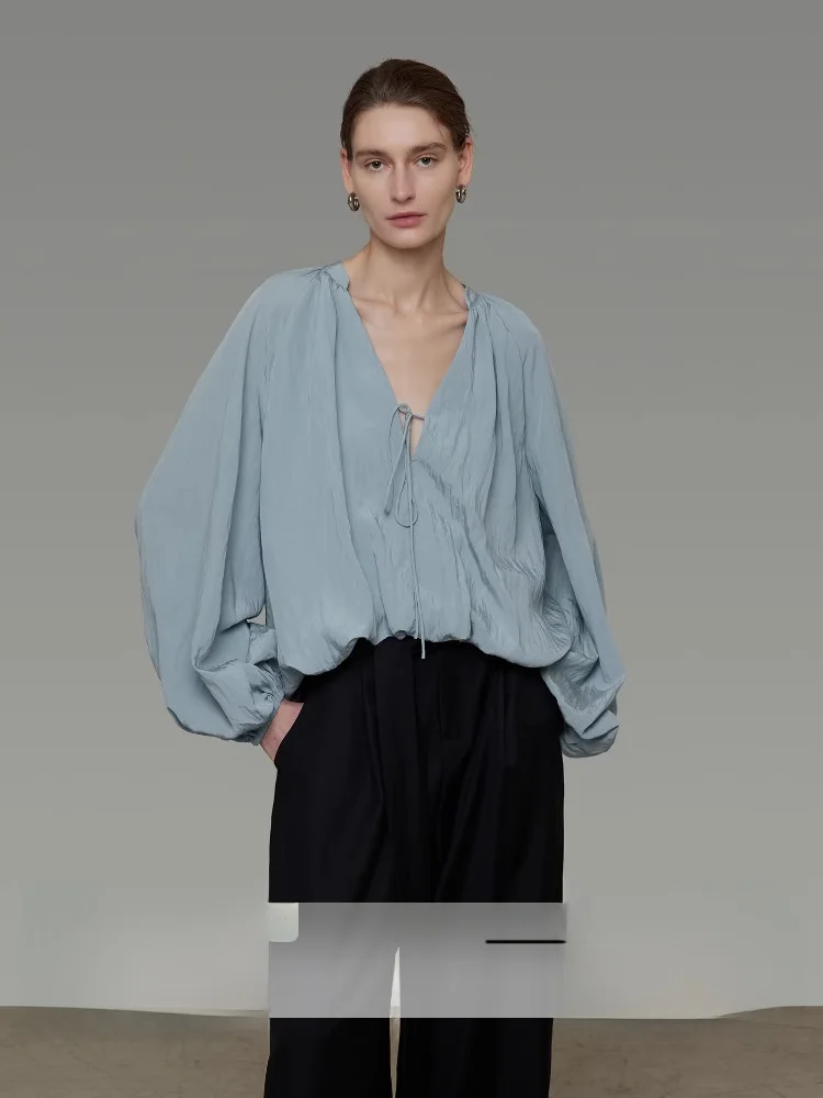 

Loose Lantern Sve irt Women's Spring 2026 New Simple Design Big V-ne Belted Breathable Comfortable Rasele Long Sve Top